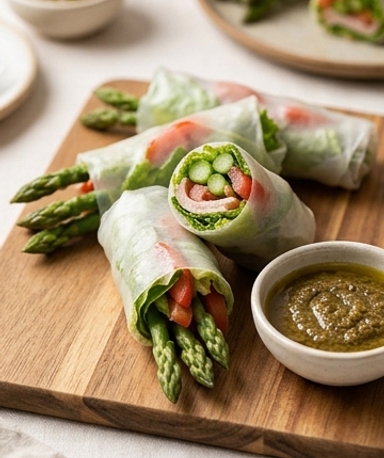 Makis printaniers aux asperges, sauce olive et piment d'Espelette