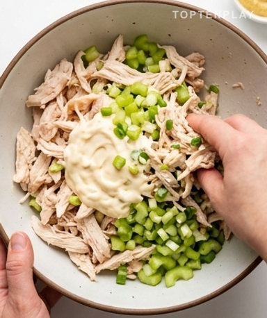 Effilochez le poulet tiède — jamais sorti froid du frigo