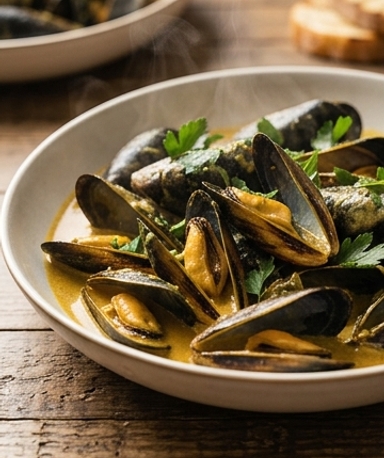 Mouclade Charentaise : Moules à la Crème Dorée au Curry