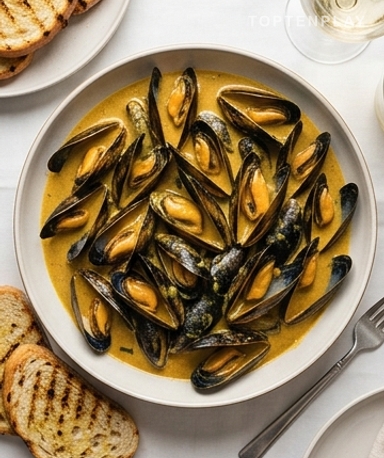 Mouclade Charentaise : Moules à la Crème Dorée au Curry