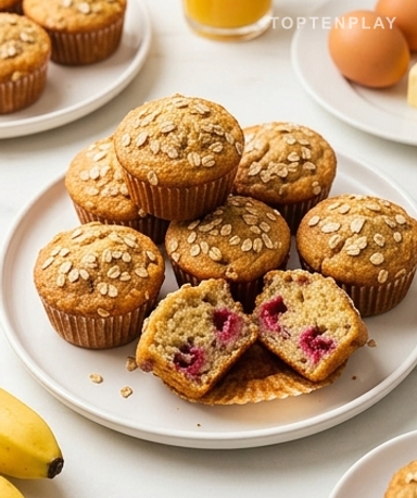 Muffins banane-framboise aux flocons d'avoine et sirop d'érable