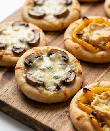 Pizzettes fromagères aux champignons et poivrons