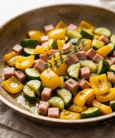 Poêlée de concombre au jambon de dinde et thym frais