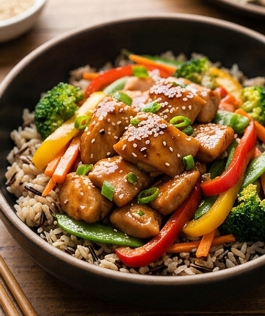 Poêlée de poulet teriyaki glacé, légumes croquants et riz sauvage