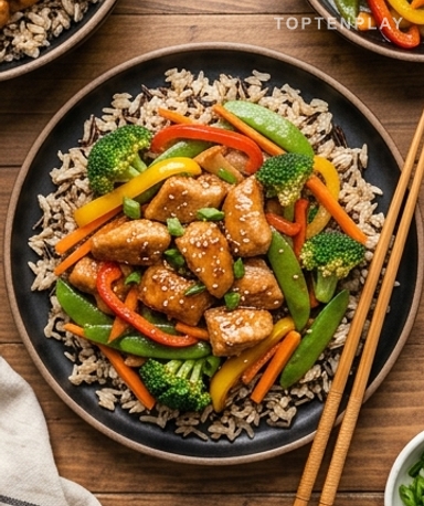 Glasierte Teriyaki-Hähnchenpfanne, knackiges Gemüse und Wildreis