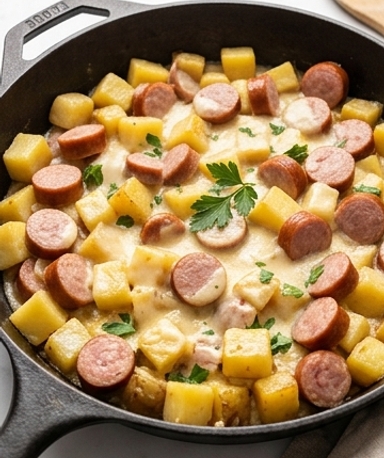 Poêlée franc-comtoise au Comté et saucisse fumée