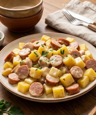 Poêlée franc-comtoise : Comté fondant, saucisse fumée et pommes de terre bien dorées