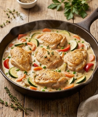 Poêlée poulet crémeux et légumes