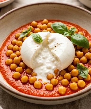 Pois chiches rôtis, sauce Romesco maison et burrata crémeuse