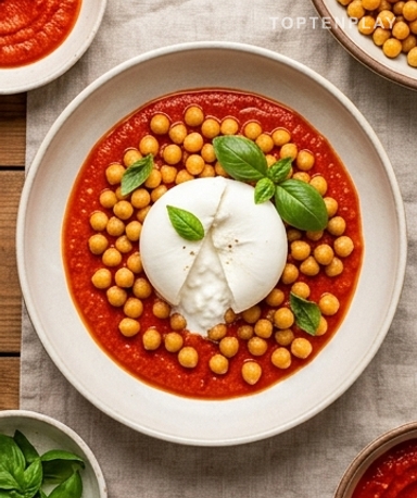 Pois chiches rôtis, sauce Romesco maison et burrata crémeuse