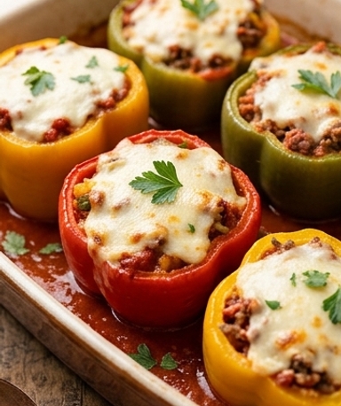 Poivrons Farcis au Bœuf et Riz, Gratinés Mozzarella