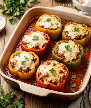 Poivrons Farcis au Bœuf et Riz, Gratinés Mozzarella