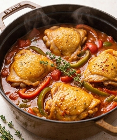 Poulet basquaise aux poivrons et piment d'Espelette