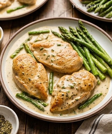 Cremiges Zitronen-Hähnchen mit Spargel aus einer Pfanne