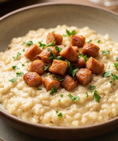 Risotto crémeux à la Cancoillotte et crispy de saucisse fumée