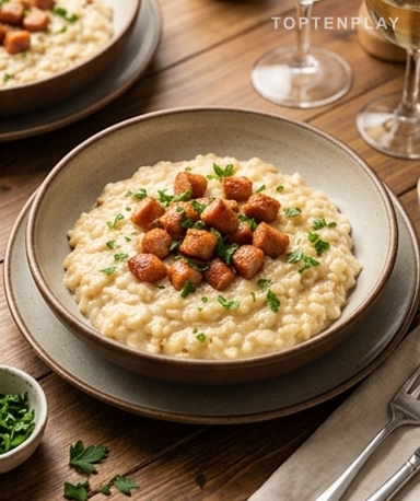 Risotto crémeux à la Cancoillotte et crispy de saucisse fumée