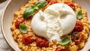 Risotto de millet blond aux tomates cerises et burrata fondante