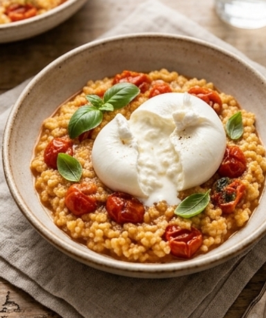 Risotto de millet blond aux tomates cerises et burrata fondante