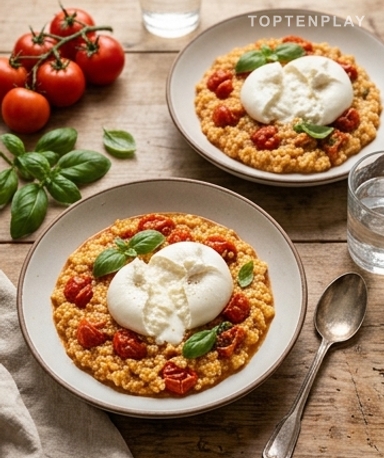 Risotto de millet blond aux tomates cerises et burrata fondante