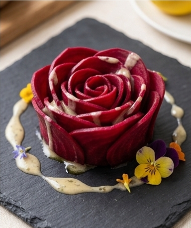 Rose de betterave au tartare d'algues à l'indienne