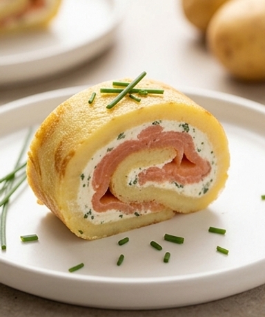 Roulé de pommes de terre au saumon fumé et fromage persillé