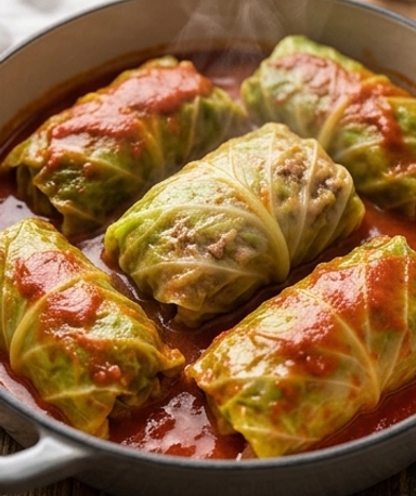 Rouleaux de Chou Farcis au Bœuf et Riz en Sauce Tomate Mijotée
