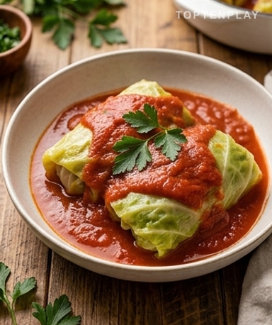 Gefüllte Kohlrouladen mit Rindfleisch und Reis in geschmorter Tomatensauce