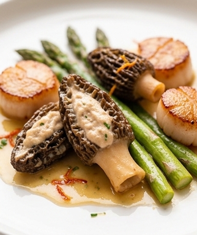 Saint-Jacques farcies aux morilles, asperges vertes et zeste d'orange sanguine