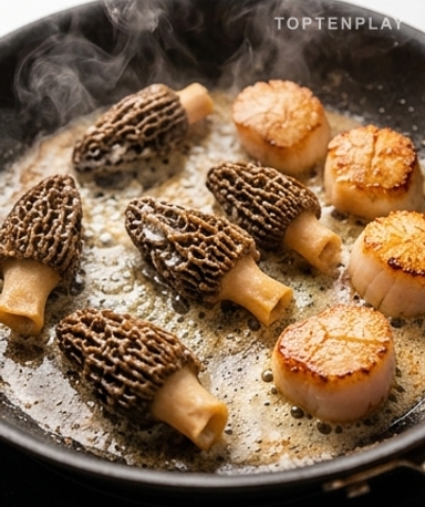 Morcheln garen und Jakobsmuscheln anbraten