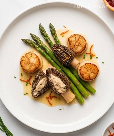 Gefüllte Jakobsmuscheln mit Morcheln, grünem Spargel und Blutorangenzesten