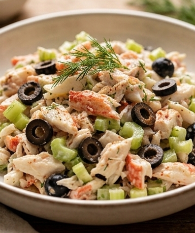 Salade de fruits de mer crémeuse à la mayo et olives noires