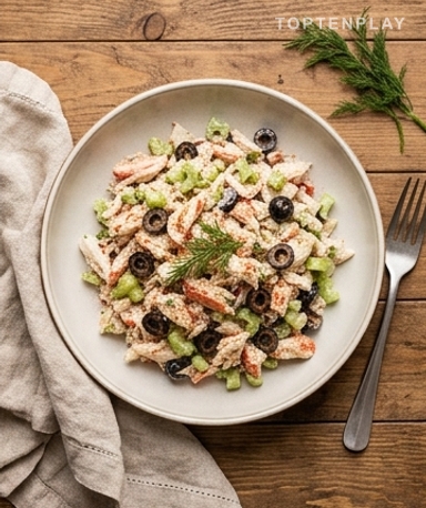 Cremiger Meeresfrüchtesalat mit Mayo und schwarzen Oliven