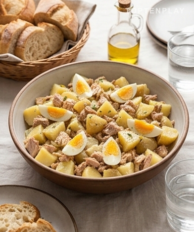 Kartoffelsalat mit Thunfisch und hartgekochten Eiern