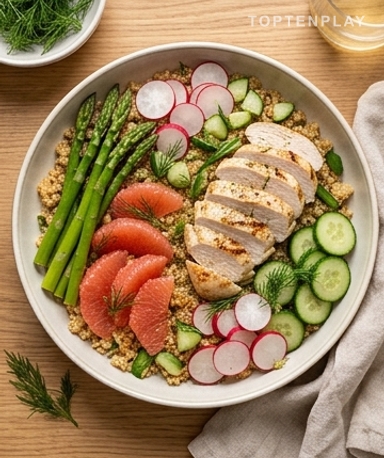 Salade de quinoa croustillant au pamplemousse rose : fraîcheur et croquant dans l'assiette