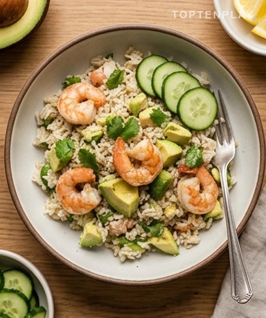 Salade de riz aux crevettes et avocat : fraîche, crémeuse et prête en 25 minutes