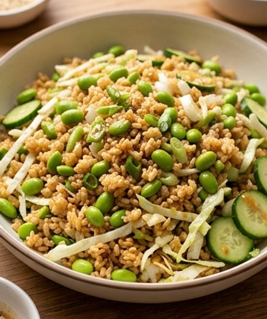 Salade de riz croustillant à l'edamame et sauce sésame