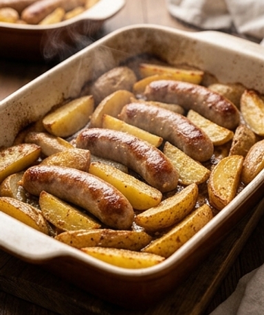 Saucisses de volaille & pommes de terre rôties à la moutarde