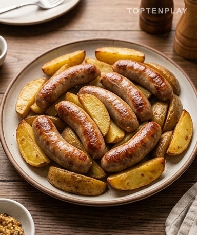 Geflügelwürstchen & Senf-Röstkartoffeln