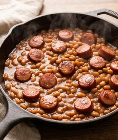 Saucisses et haricots mijotés