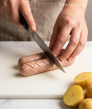 Die Würstchen vor dem Start einschneiden