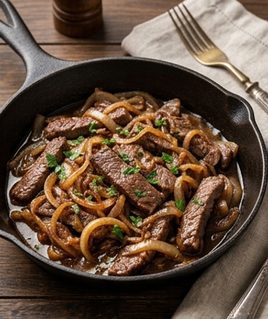 Sauté de bœuf aux oignons caramélisés