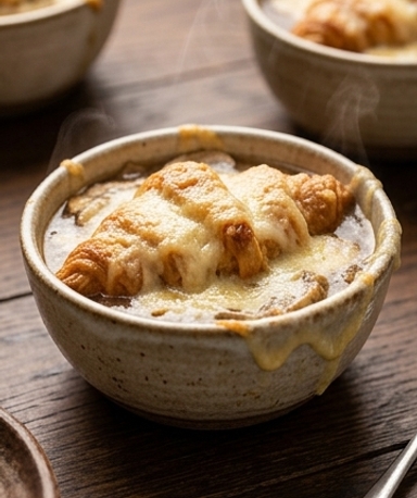 Soupe à l'oignon anti-inflammatoire aux champignons et croissant gratiné