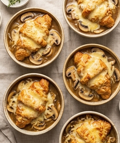 Soupe à l'oignon anti-inflammatoire aux champignons et croissant gratiné