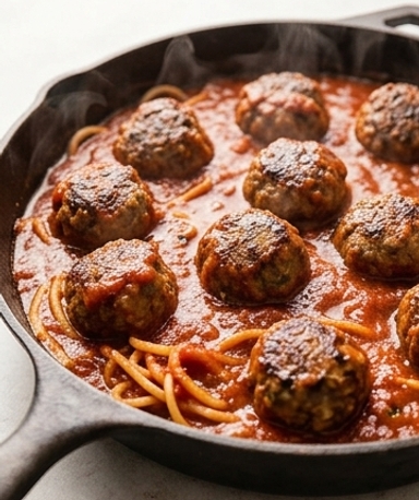Spaghetti et boulettes de viande à la poêle
