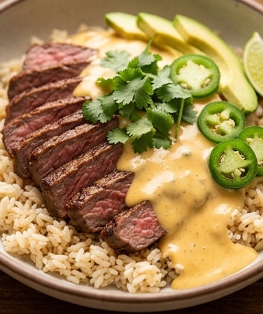 Steak, Riz et Sauce Queso Crémeuse