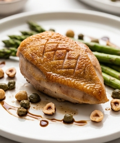 Suprême de pintade aux asperges vertes, noisettes et câpres