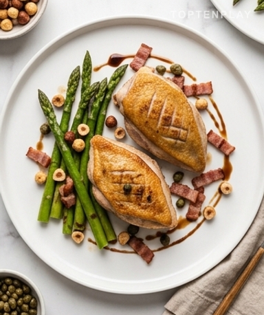 Perlhuhn-Suprema mit grünem Spargel, Haselnüssen und Kapern