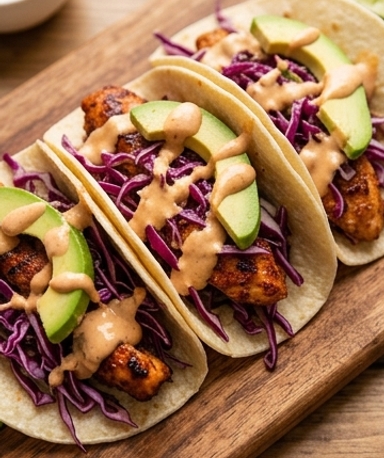 Tacos au Poulet Chipotle, Slaw Pomme-Chou Rouge et Sauce Crémeuse Maison