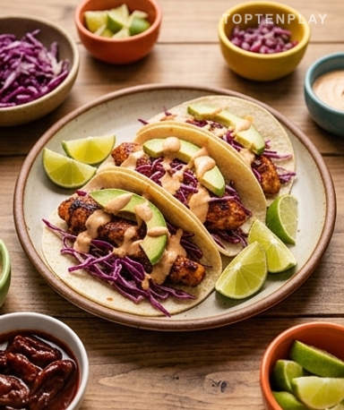 Tacos au Poulet Chipotle, Slaw Pomme-Chou Rouge et Sauce Crémeuse Maison