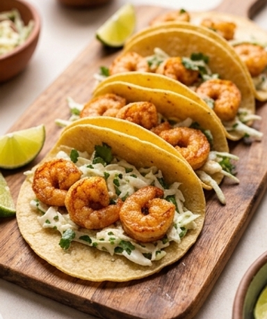 Tacos aux Crevettes et Slaw Coriandre-Citron Vert